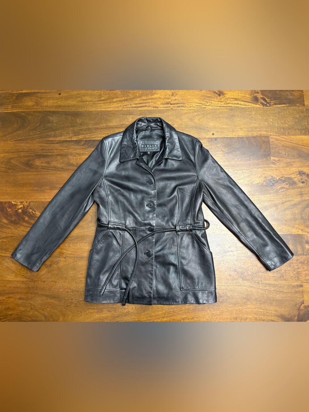 Winlit Women’s Black Genuine Leather Single Breast Buttons w/ Belt Jacket sz L